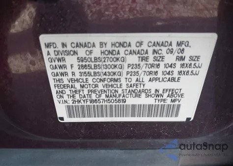 2007 Honda Pilot Ex-L from USA, damaged, VIN 2HKYF18657H505819